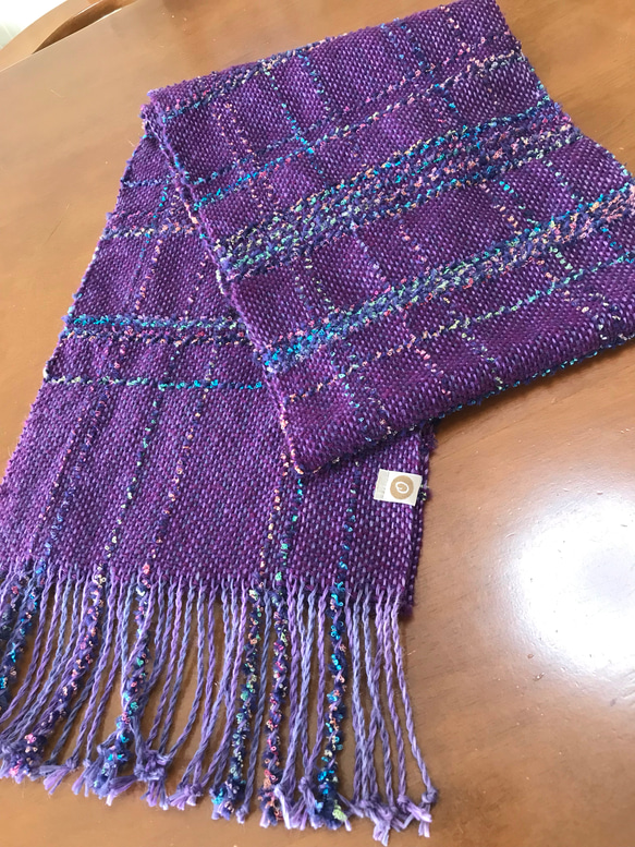 【ユニセックス】一点物　カラフルウールの手織りスヌード 紫 3枚目の画像
