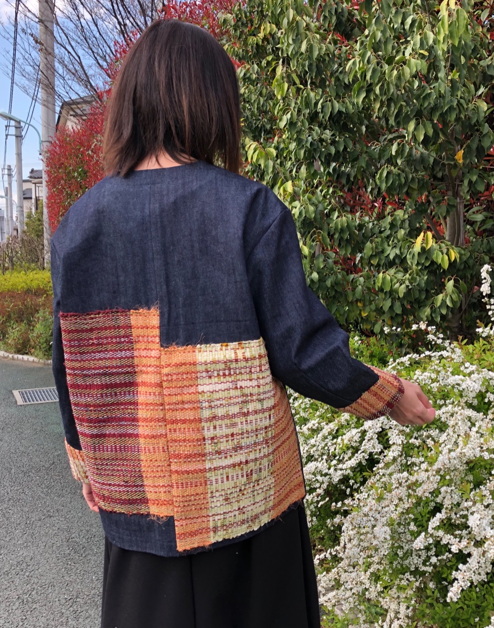 【一点物】裂織り＆デニムの春ジャケット　ビワ色