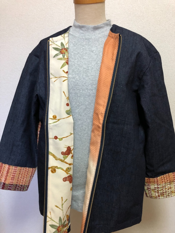【一点物】裂織り＆デニムの春ジャケット　ビワ色 4枚目の画像