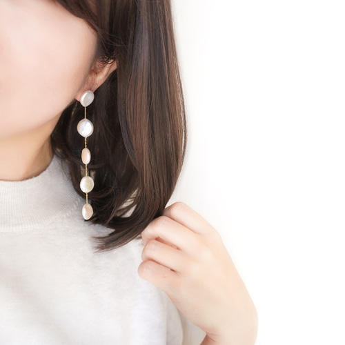 #351 淡水パール　5連  チェーン　ピアス/イヤリング変更可能　ハンドメイド 5連淡水パールピアス【金属アレルギー対応】上質コインパール