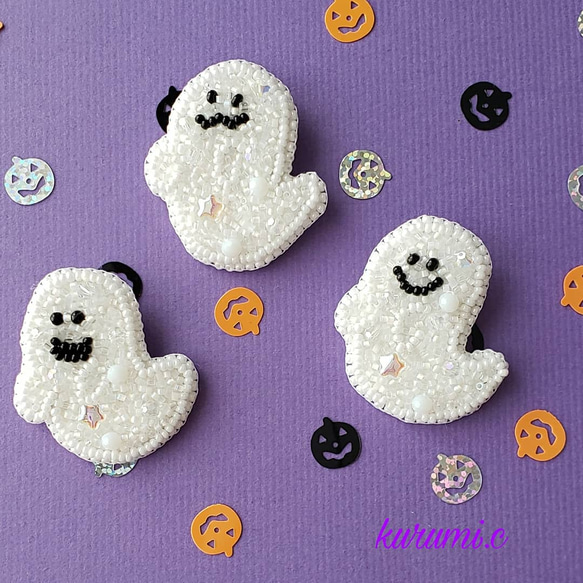 ハロウィン オバケのビーズ刺繍ブローチ 6枚目の画像