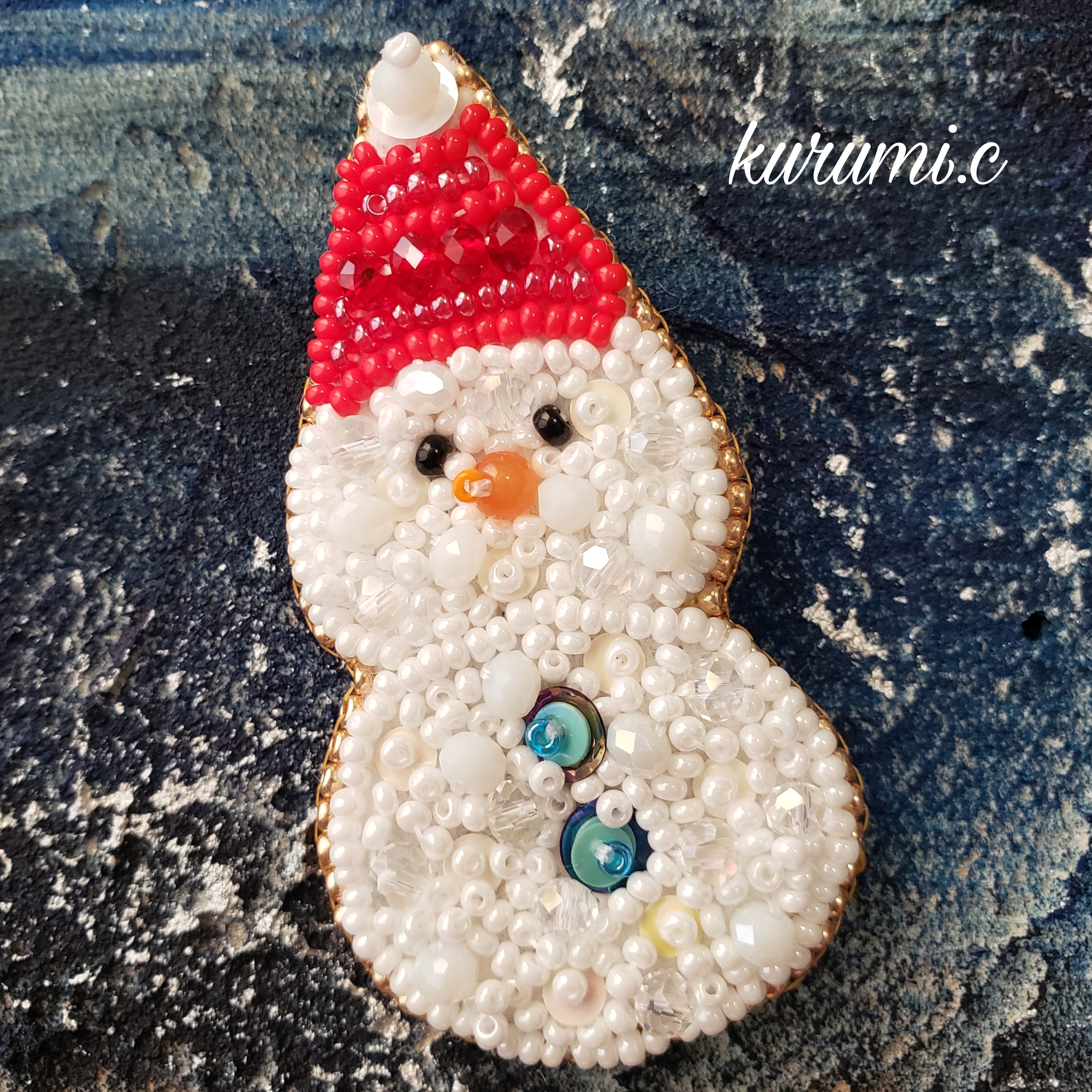 カラフル スノーマン ワッペン 雪だるま ビーズ刺繍（クリスマス 刺繡 