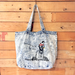 「キーボードおじさん」オリジナルイラスト デニム 手刺繍 トートバッグ大 1枚目の画像