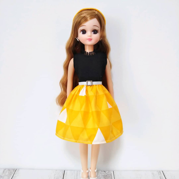 22cmドール服 和柄♡鱗文様 鱗柄 ワンピース 黄色 イエロー リカちゃん 