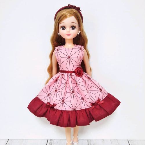 22cmドール服 和柄♡ワンピース リカちゃん服 ブライス 麻の葉 ピンク 
