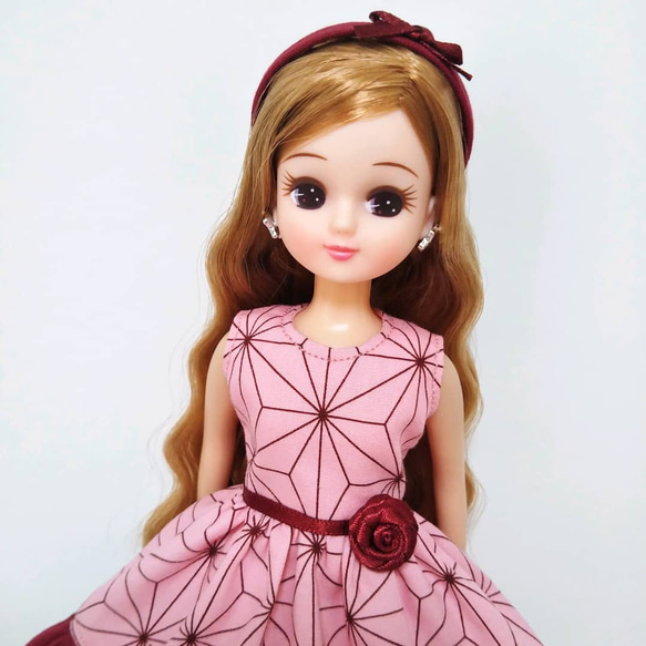 22cmドール服　和柄♡ワンピース　リカちゃん服　ブライス　麻の葉　ピンク　リボン 2枚目の画像