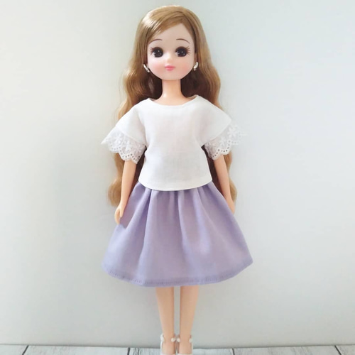 22cmドール服 リアルクローズ♡ホワイトブラウスとラベンダーギャザー