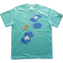 【金魚と睡蓮　ミント】3D立体プリントの金魚がかわいいアクセントになっています★　和柄　Ｔシャツ　【Tシャツ工房三宝堂】 1枚目の画像