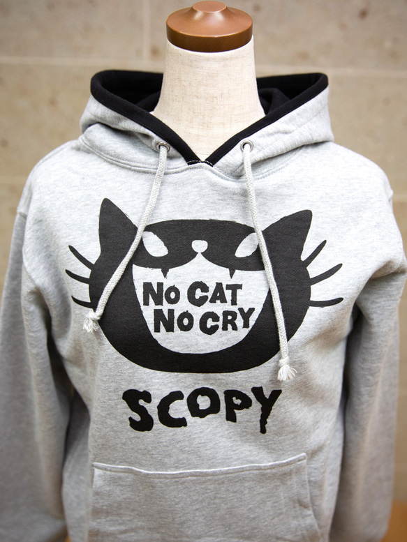 SCOPYパーカー「NO CAT NO CRY」 グレー×ブラック 2枚目の画像