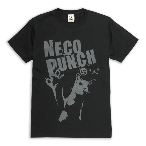 SCOPYネコTシャツ「NECO PUNCH」ブラック 2枚目の画像