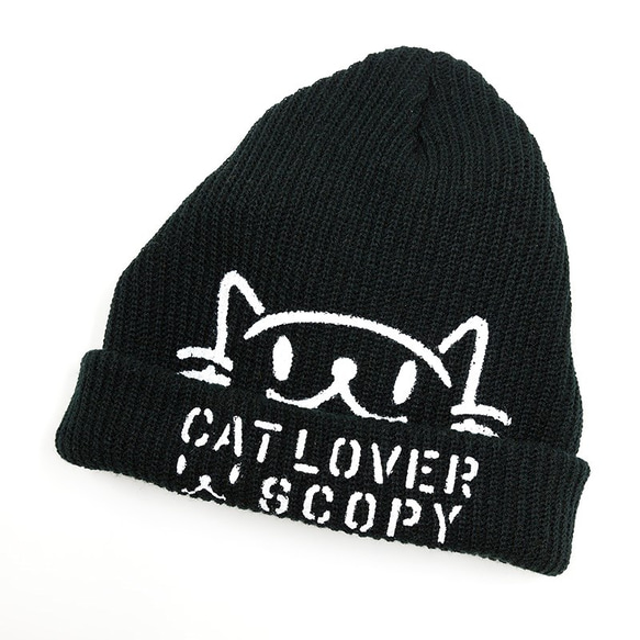 SCOPYネコ　ニットキャップ「CAT LOVER」ブラック 2枚目の画像