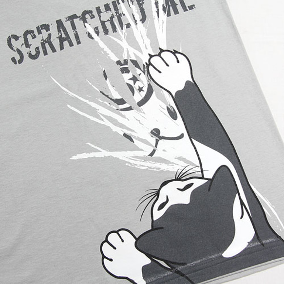 SCOPYネコTシャツ「SCRATCHED」Sグレー 2枚目の画像