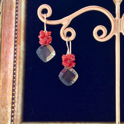 ダイヤカット☆宝石質ビアクォーツと本珊瑚のピアス 5枚目の画像