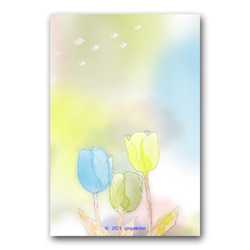 「春のヒカリが心の栞」春 チューリップ 鳥 ほっこり癒しのイラストポストカード3枚組　No.1296 1枚目の画像