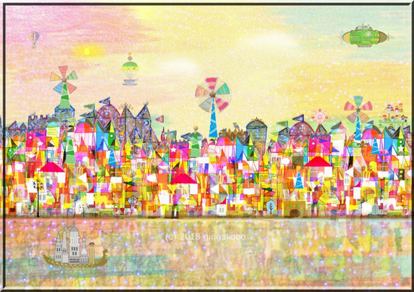 「風車のある町」　ほっこり癒しのイラストA4サイズポスターNo.599 2枚目の画像