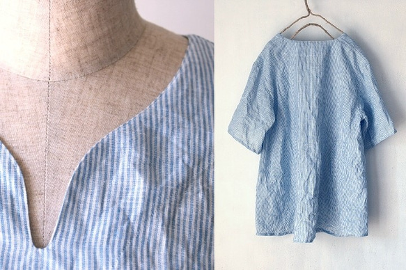 国産リネン100％ストライプ　Ａラインキーネックシャツ ブルー系 2枚目の画像