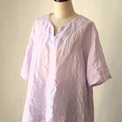 【受注製作】国産リネン100％ストライプ　Ａラインキーネックシャツ ブ　パープル系 4枚目の画像