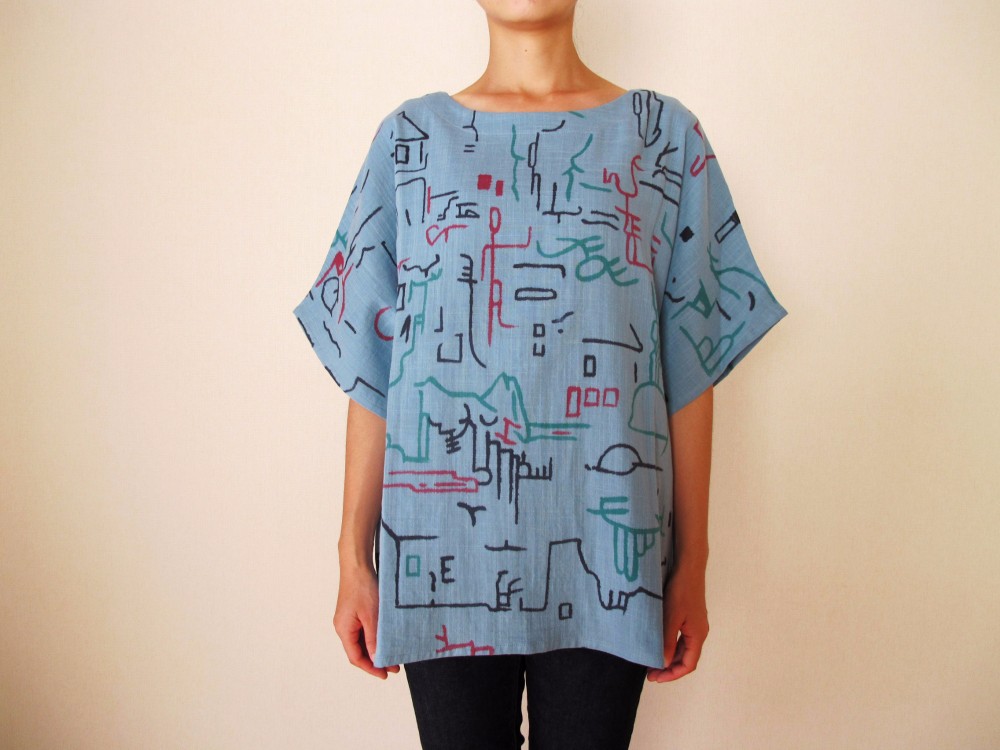 ダブルガーゼ（綿100%）のシャツ（手描き染め・「ギリシャの街並み」）