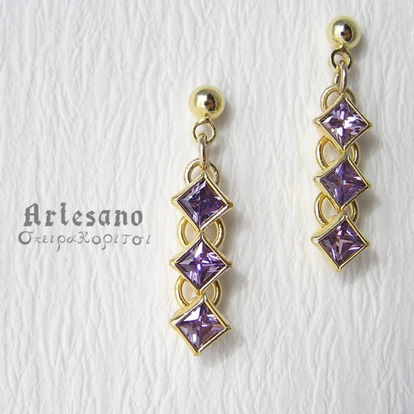 3連ジルコニアのピアス・イヤリング ～Amethyst～ *σπειρα κοριτσι* 1枚目の画像