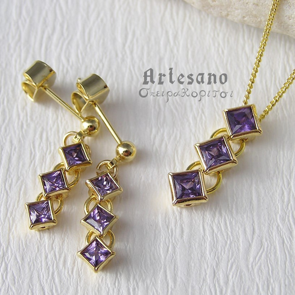 3連ジルコニアのピアス・イヤリング ～Amethyst～ *σπειρα κοριτσι* 4枚目の画像