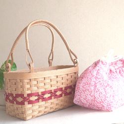 夏 かごバッグ  ピンク巾着袋付き 浴衣用 1枚目の画像