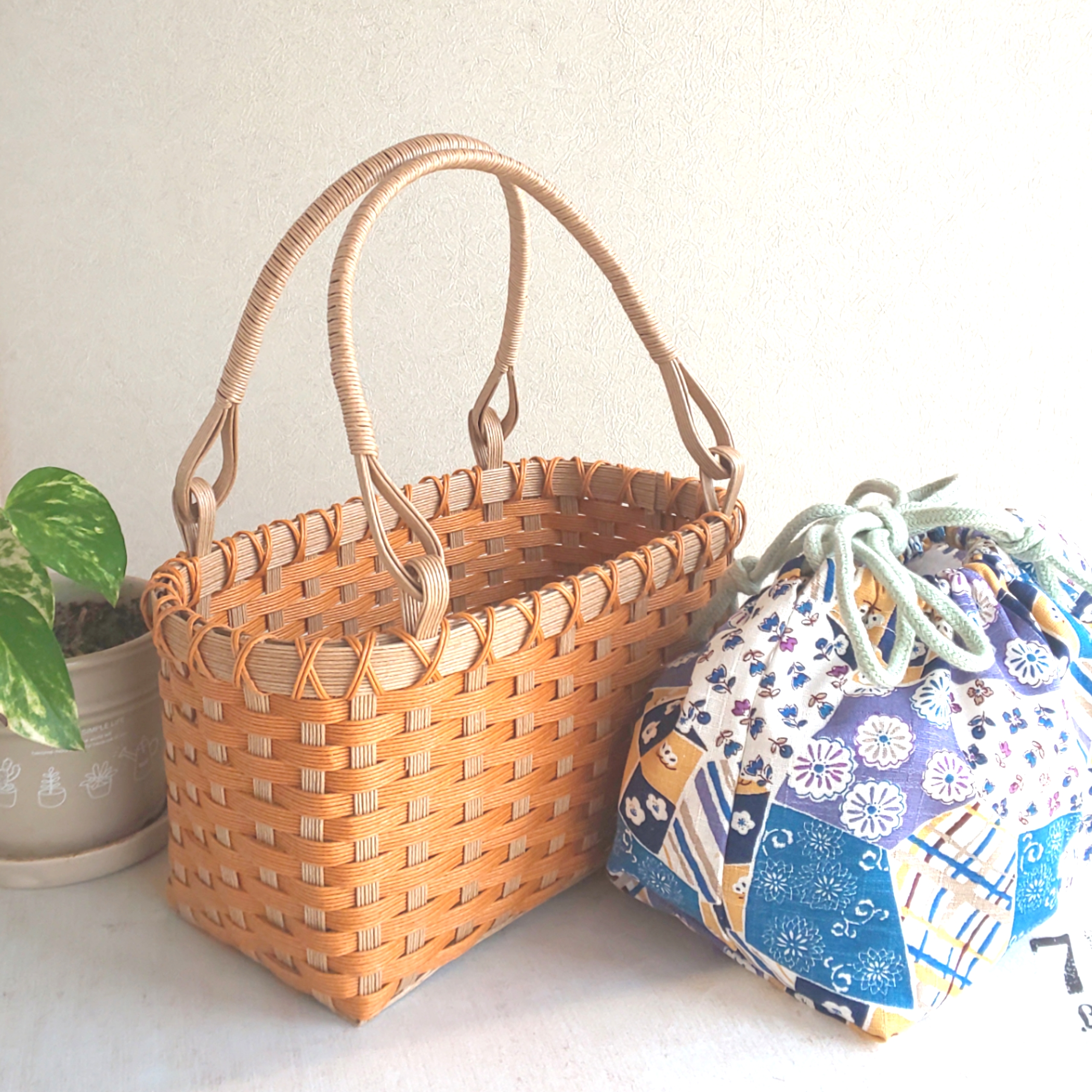 かごバッグ レトロモダンな巾着袋付き ２点セット 夏 かばん　サイズ大