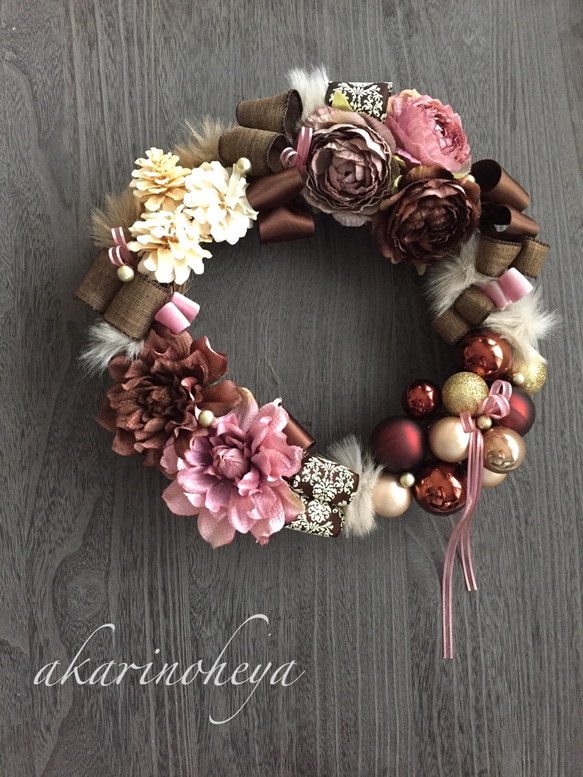 antique pink&brown クリスマスリース 30㎝ アーティフィシャルリース クリスマスハンドメイド2017 1枚目の画像