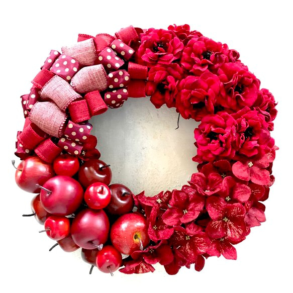 再販 りんごの真っ赤なリース 29㎝ オータムリース  アーティフィシャルフラワー  秋冬ハンドメイド2018 3枚目の画像