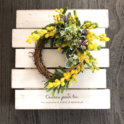 再販×2 creema限定 ミモザリース 早春リース ミモザハンドメイド2020
