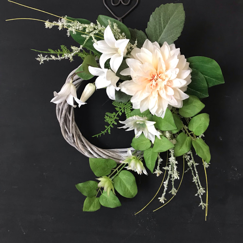 二種のクレマチスとダリアのリース 35×36㎝ creema限定 リース  