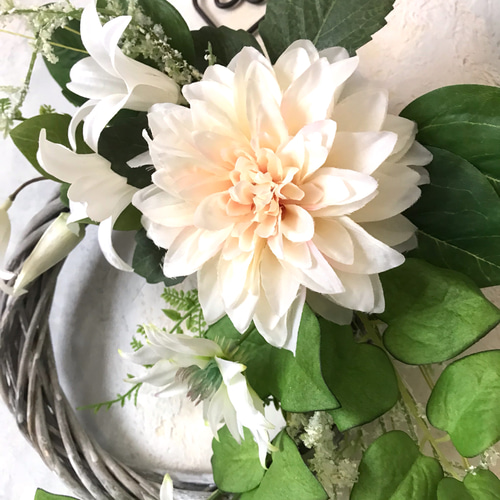 二種のクレマチスとダリアのリース 35×36㎝ creema限定 リース  