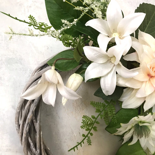 二種のクレマチスとダリアのリース 35×36㎝ creema限定 リース  