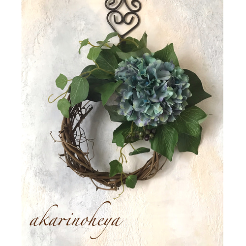 アンティークブルーの紫陽花リース 27×28㎝ creema限定 リース