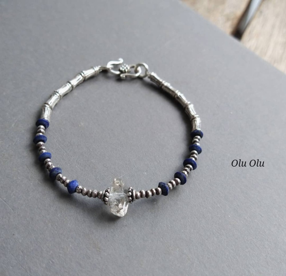 ダブルポイントクォーツ×ラピスラズリ×カレンシルバーのブレスレット
