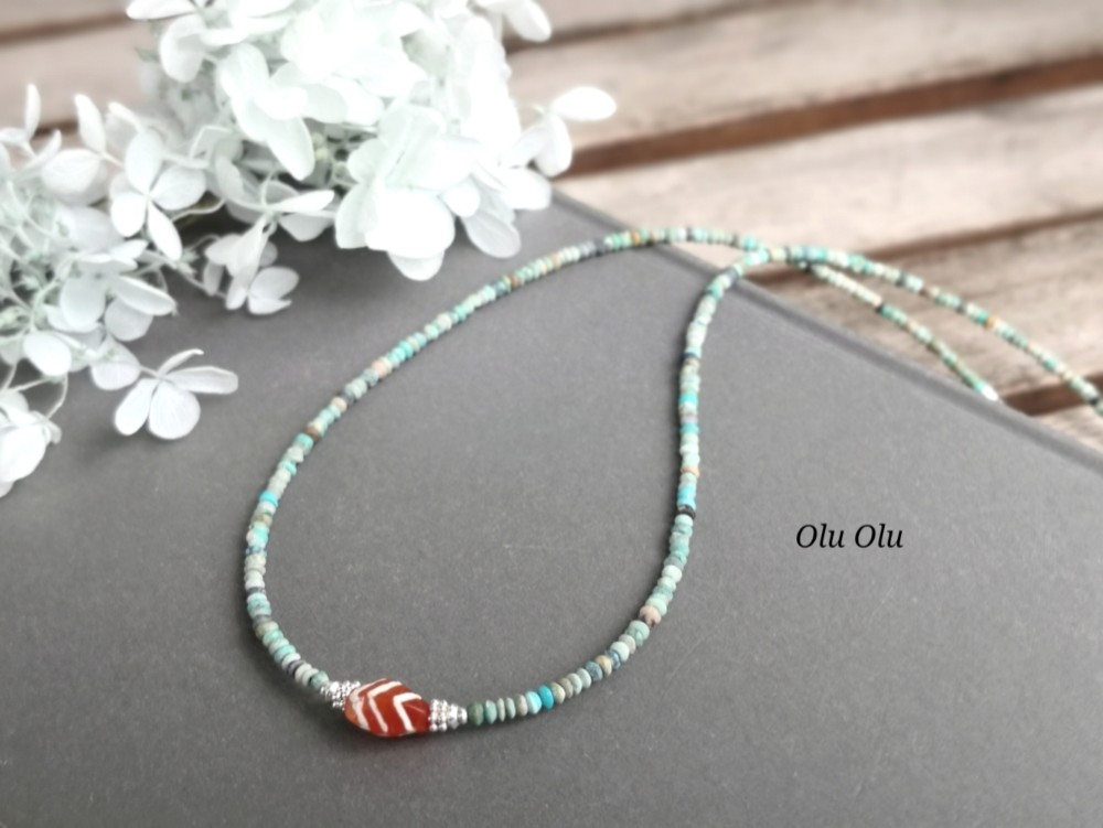 エッチドカーネリアン＆ナチュラルターコイズのネックレス