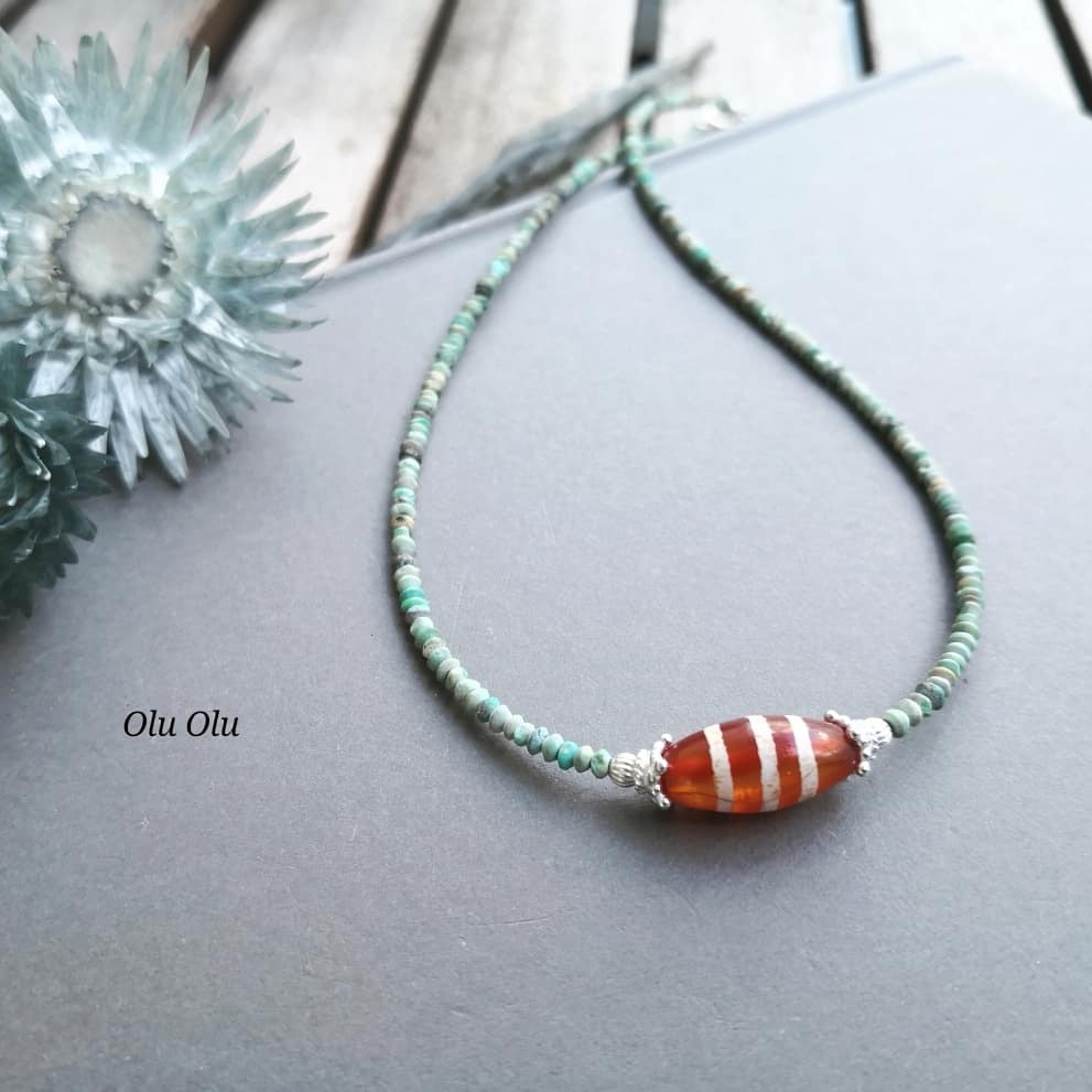 ナチュラルターコイズ＆エッチドカーネリアンのネックレス
