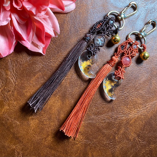 龍 金彫り勾玉 キーホルダーペア アイリストルマリン インカローズ