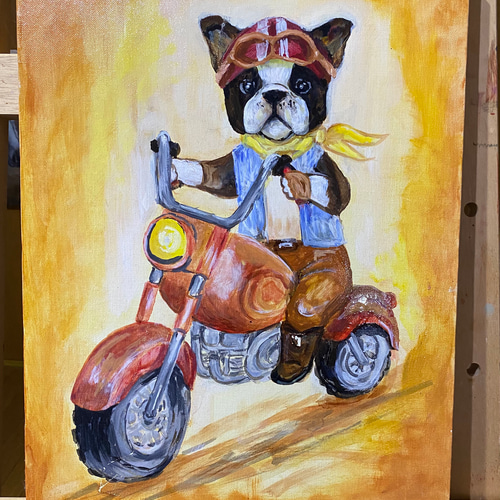 フレンチブルドッグ、ボストンテリアの油絵 アートパネル 絵画