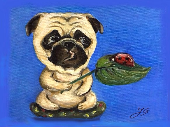 りんねです。色鉛筆画　パグ　犬の絵