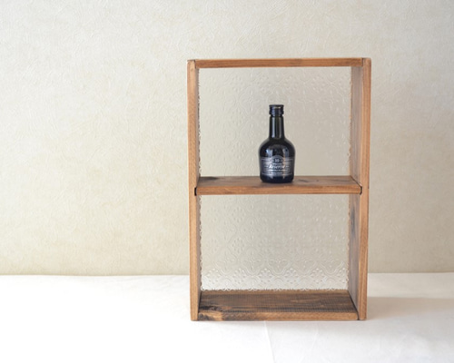 0310mito 日本産ひのきとレトロガラスの2段シェルフ（花柄フローラ