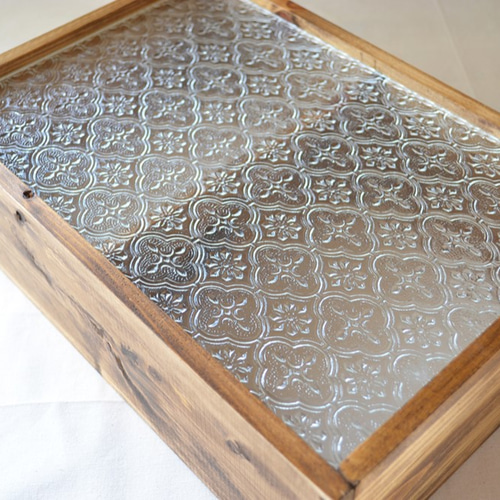 0310mito 日本産ひのきとレトロガラスの2段シェルフ（花柄フローラ