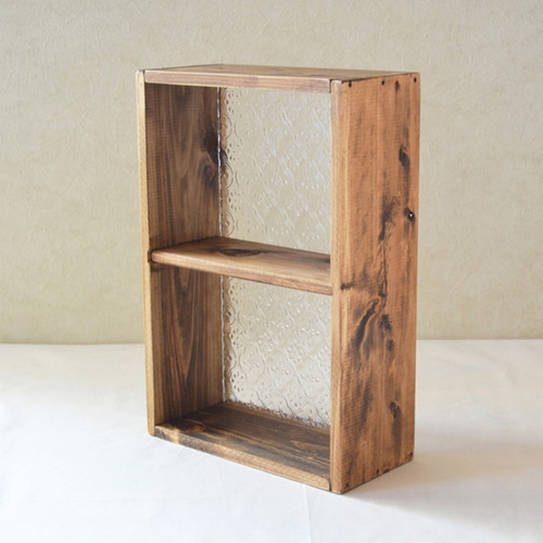 0310mito 日本産ひのきとレトロガラスの2段シェルフ（花柄フローラ