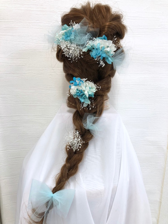 水色&ホワイト チュールリボン set プリザーブドフラワー 髪飾り ヘッドドレス 6枚目の画像
