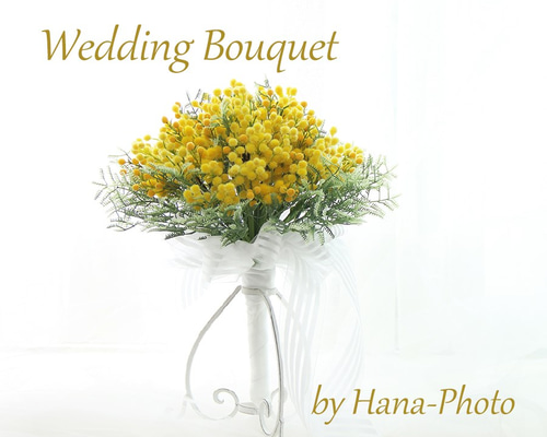 Sale> たっぷりミモザのウェディングブーケ ブートニアつき （B-32