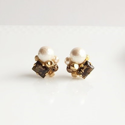方形Bijoux和珍珠耳環（煙熏石英） 第1張的照片