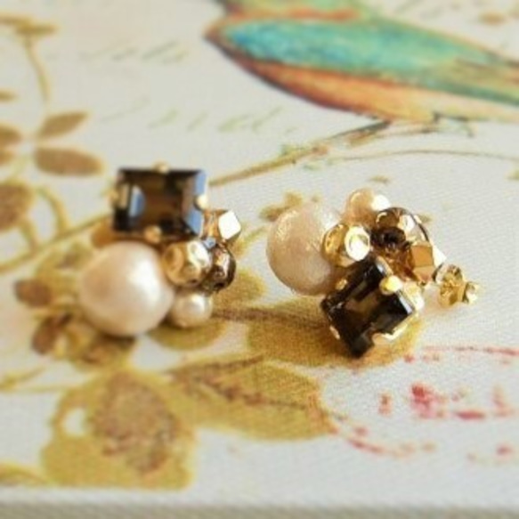 方形Bijoux和珍珠耳環（煙熏石英） 第3張的照片