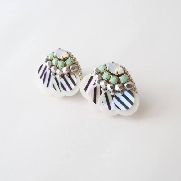 水晶貝殼款式亮片珠繡耳環（鑲邊）/時尚春夏 第7張的照片