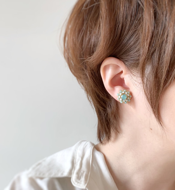 水晶寶石刺繡耳環（綠色） 第7張的照片