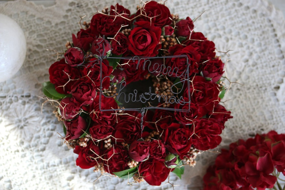 ◯受注制作◯赤バラと実物のテーブルリース＊Sサイズ（生花） 1枚目の画像