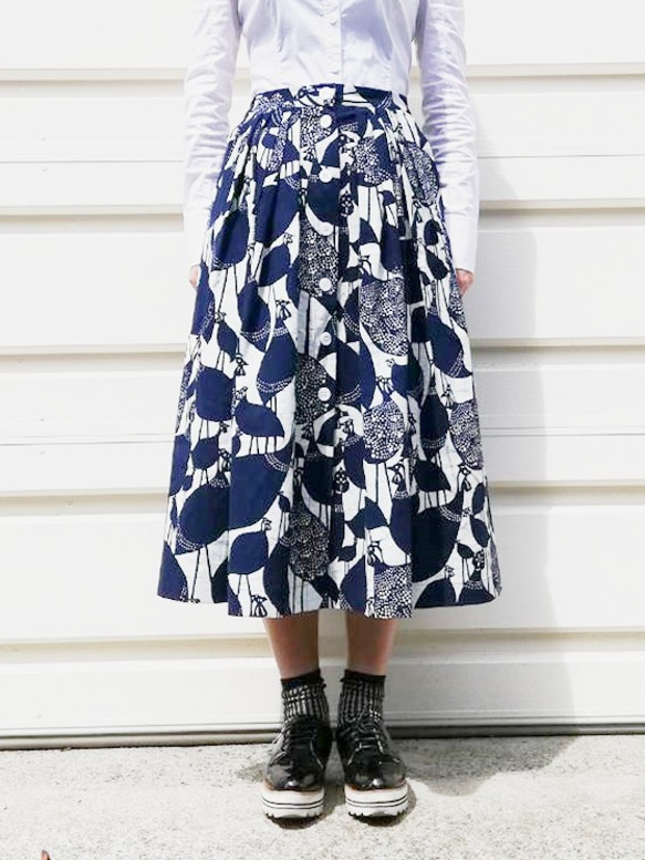 meme型染め　藍染スカート・ホロホロ鳥 